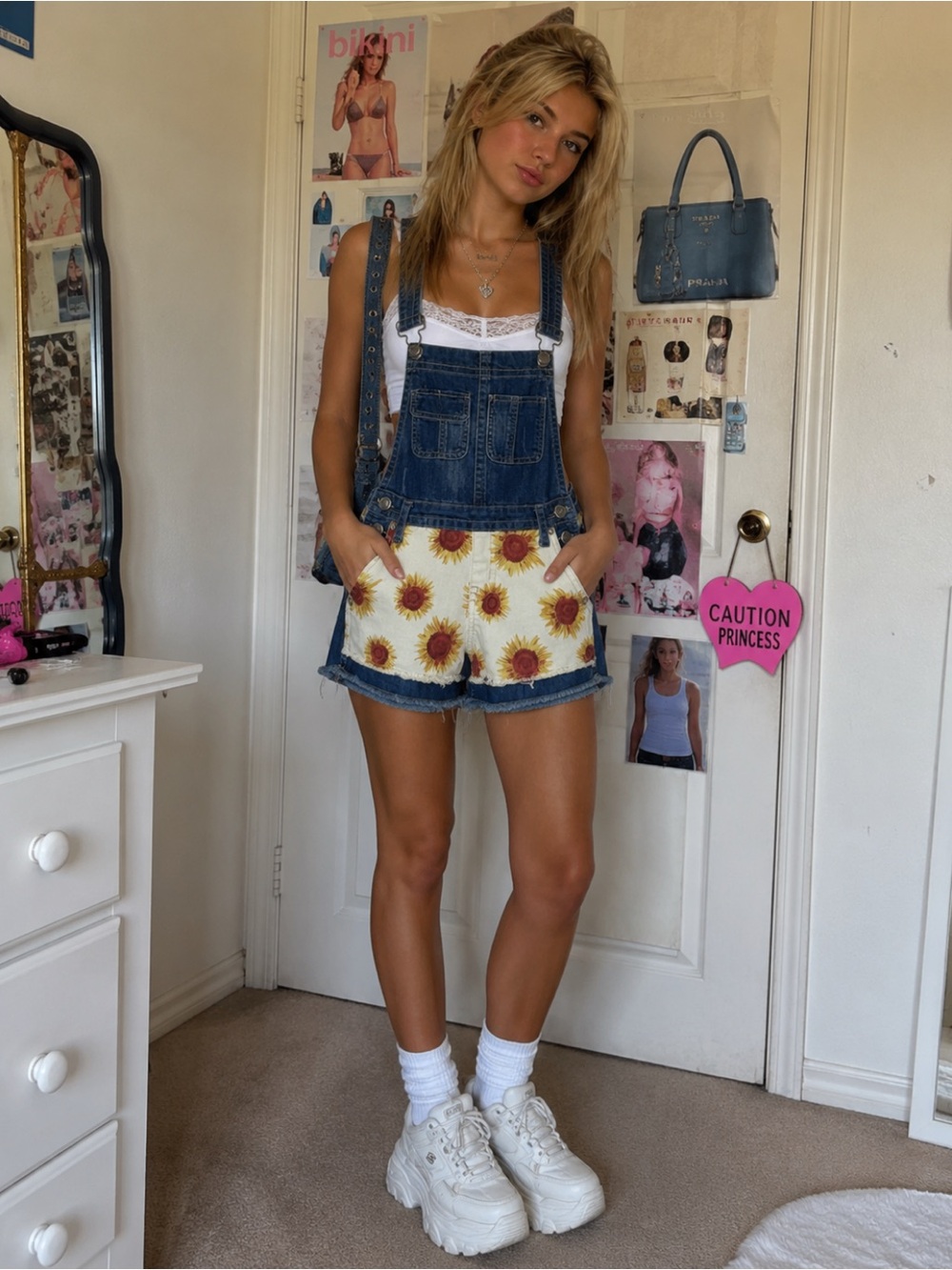 Y2K Hot Kiss Denim Sunflower Short Overalls - Size 1